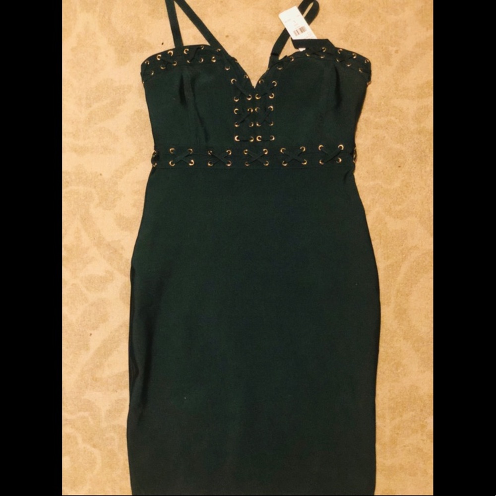 Hunter green bandage dress with gold detailing